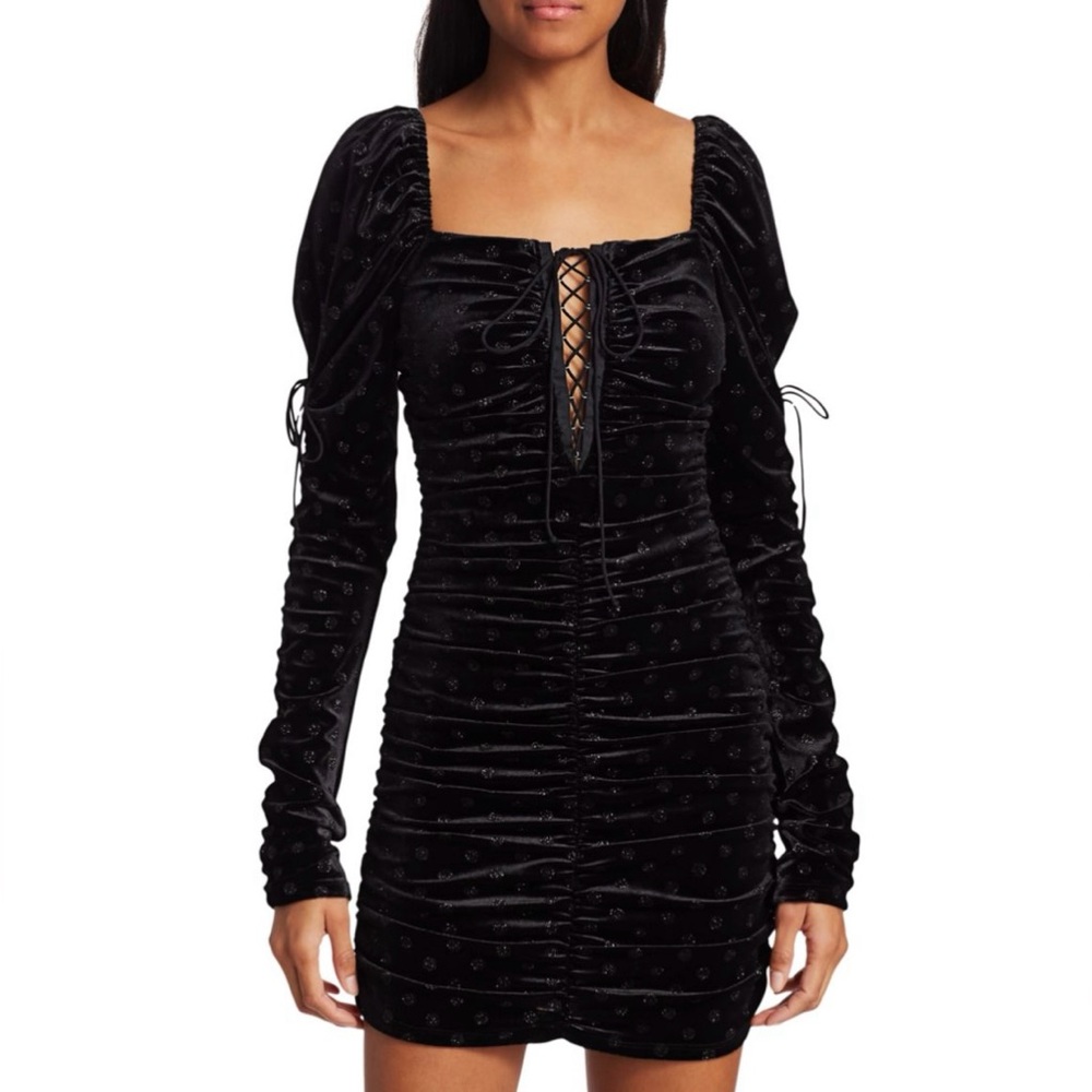 FOR LOVE & LEMONS Lola Puff Sleeve Lace-Up Black Velvet Mini Dress, SZ S